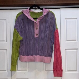 Multicolor Knit Button-Up Hoodie